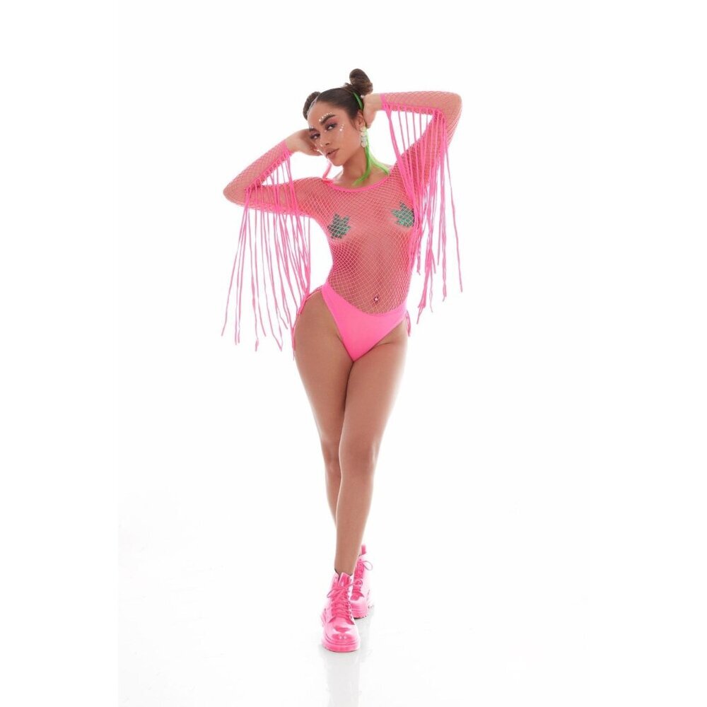 Fishnet‎ Bodysuit Fringe 2 Piece Set Hot Pink w/ Pasties Kandi House One Size